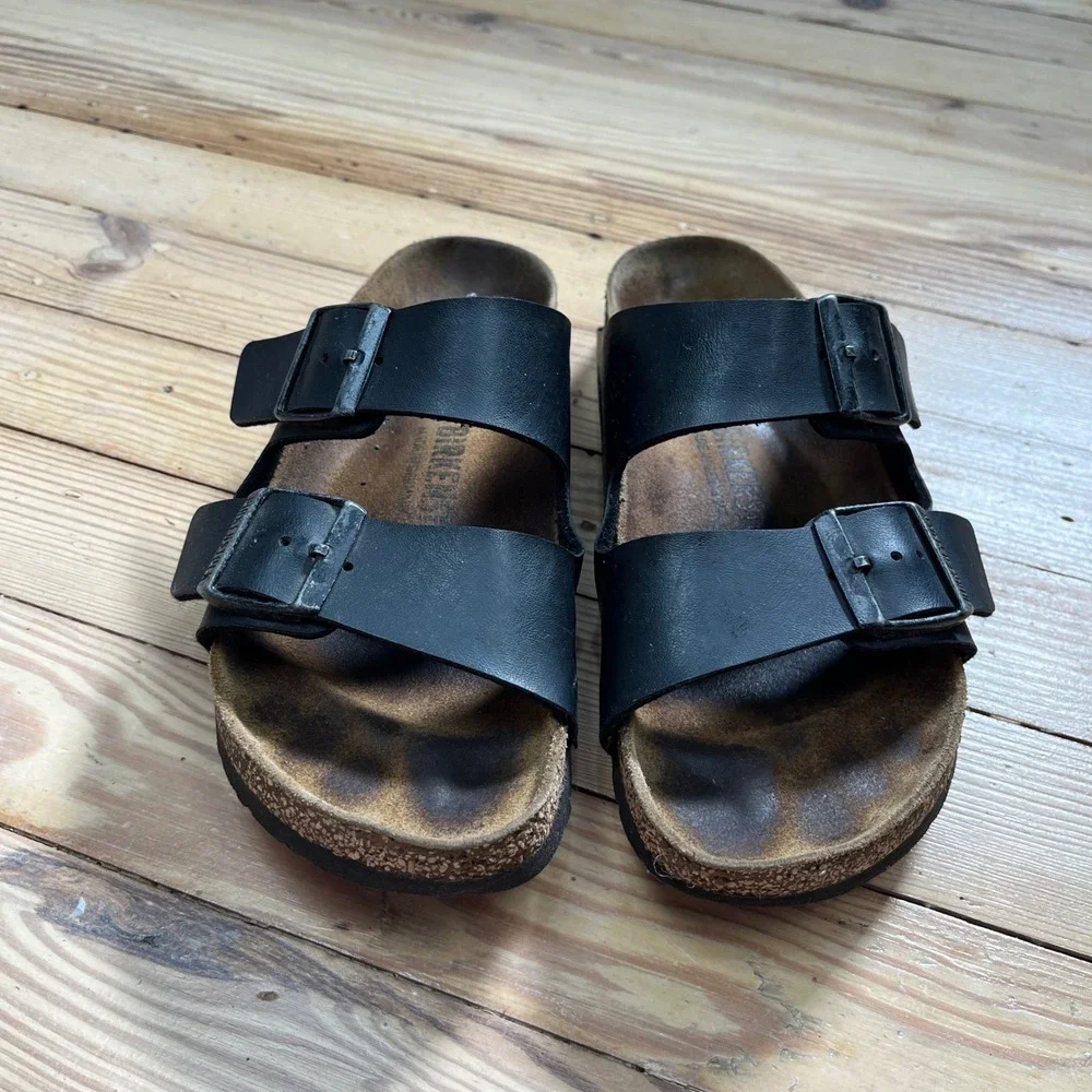 Birkenstock Arizona Black Leather Two Strap Sandals Slides boho 37 L6 neutral - Picture 4 of 9